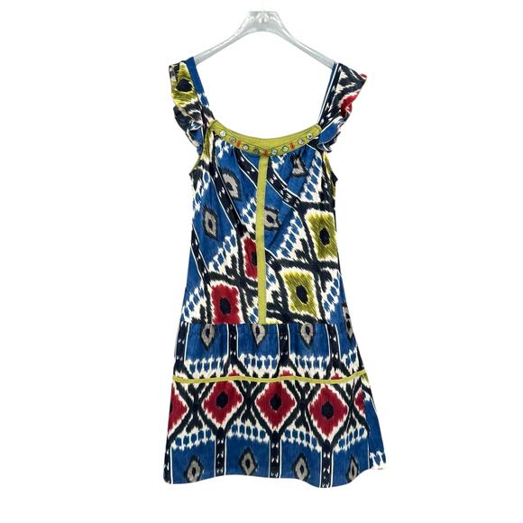 Burning Torch Colorful Ikat Print Embellished Square Neck 100% Silk Dress - Picture 7 of 11